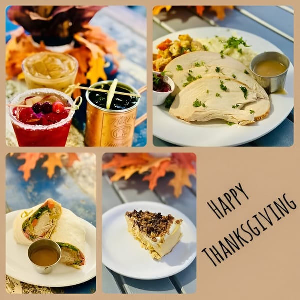 Thanksgiving collage with turkey, mashed potatoes, stuffing, cranberry sauce, drinks, wrap, and pie.