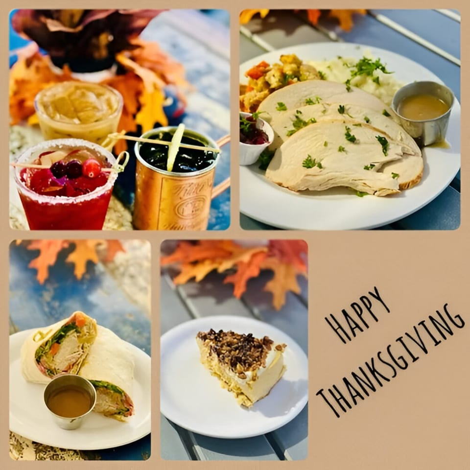 Thanksgiving collage with turkey, mashed potatoes, stuffing, cranberry sauce, drinks, wrap, and pie.