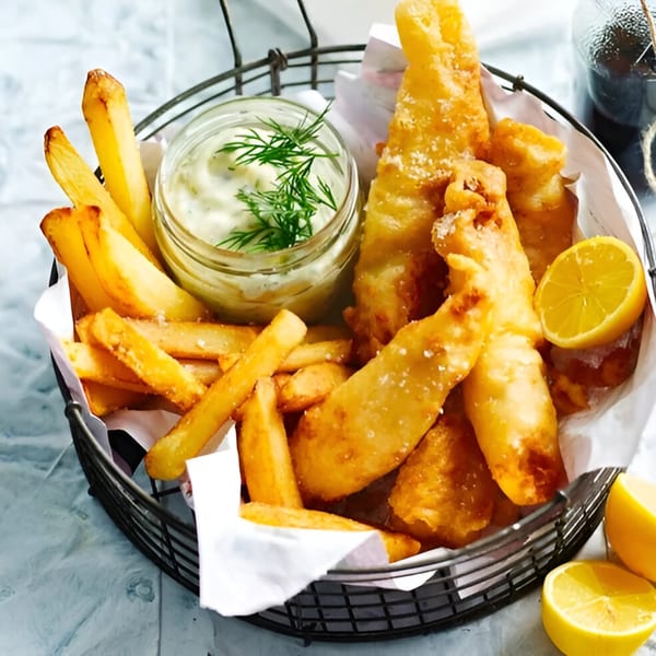 Crispy fish and chips in a basket with tartar sauce and lemon wedges at The Cabana Bar & Grill.