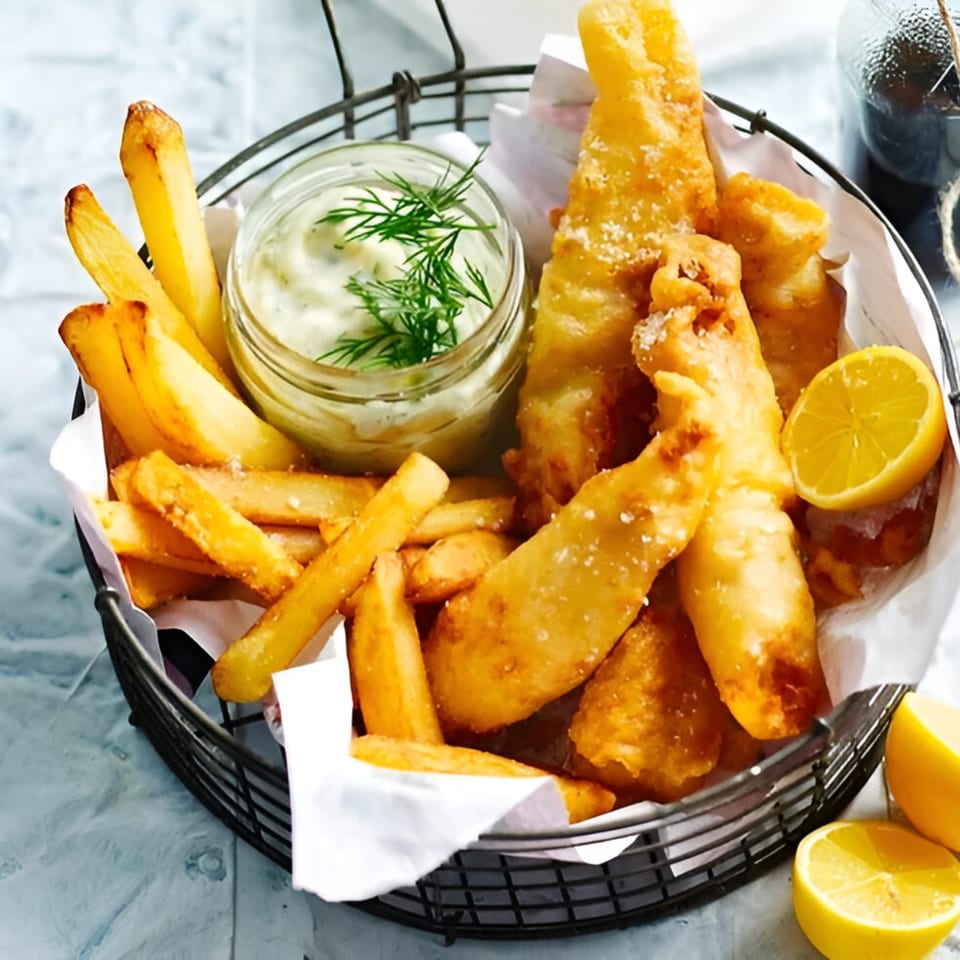 Crispy fish and chips in a basket with tartar sauce and lemon wedges at The Cabana Bar & Grill.