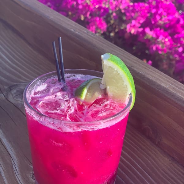 Vibrant pink cocktail with ice, lime wedges, and two black straws on a wooden surface with pink flowers.