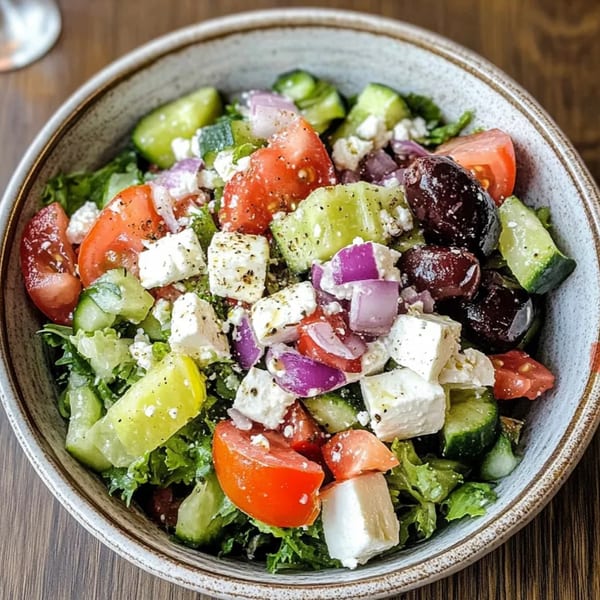Close-up of a vibrant Greek salad with lettuce, tomatoes, cucumbers, red onion, olives, and feta cheese.