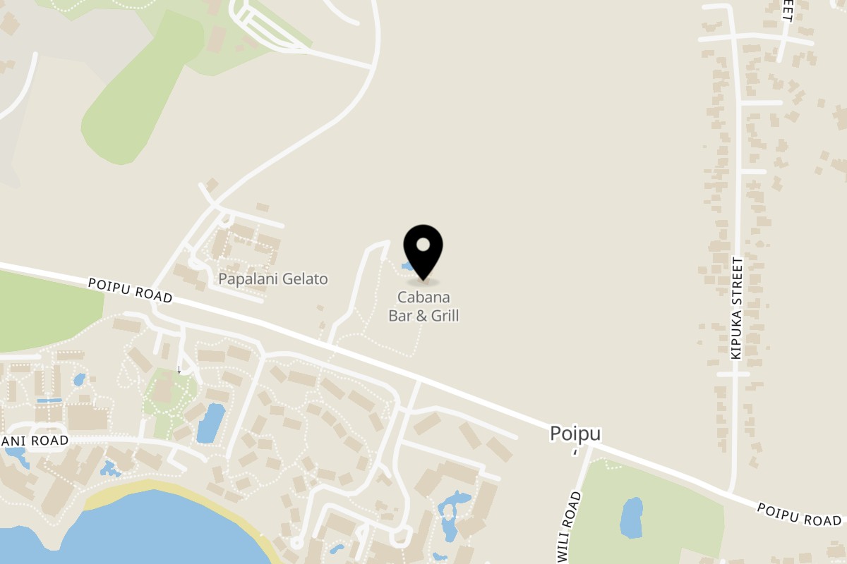 Map showing the location of The Cabana Bar & Grill on 2290 Poipu Rd #9533 in Koloa